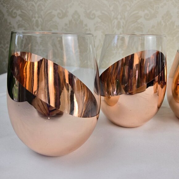 Set of 5 Copper Accent Stemless Wineglasses Contemporary Style Dining Gift - Picture 2 of 10